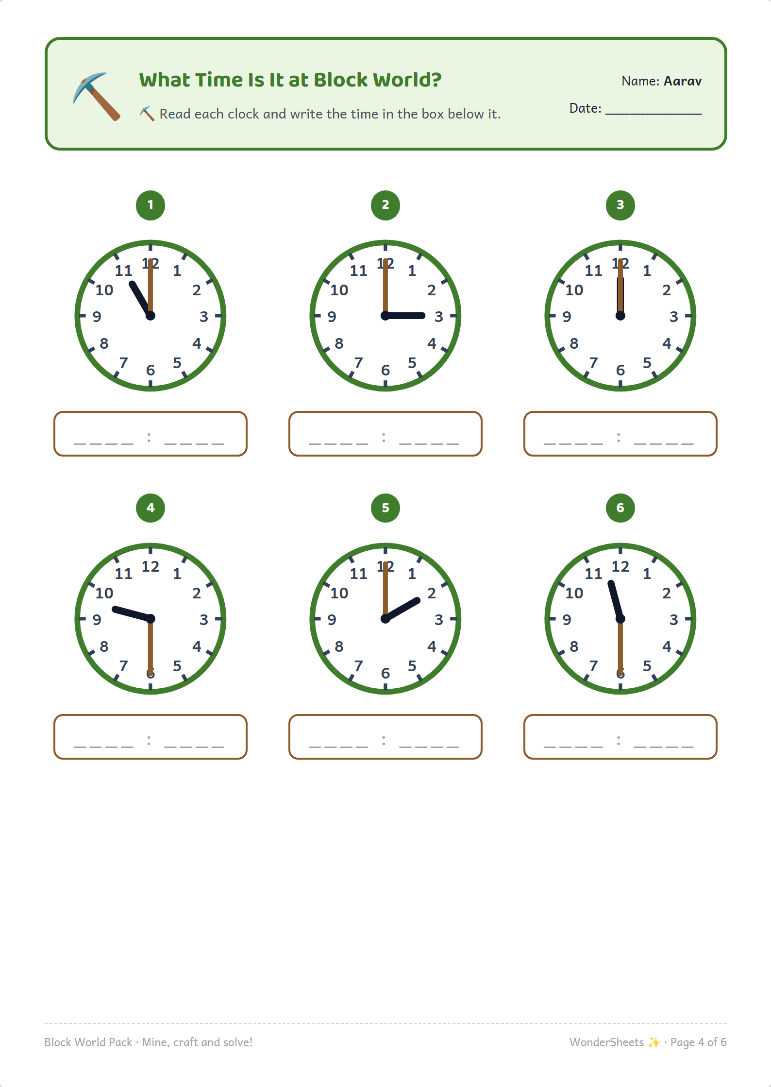 Clock reading practice worksheet with analog clocks