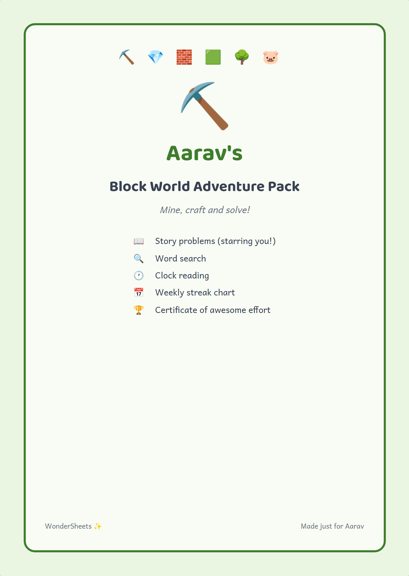 Personalized cover page of a Block World activity pack with a child's name