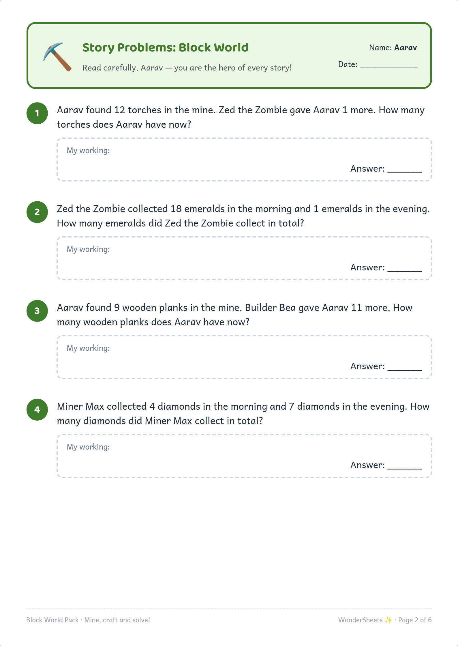 Story problems worksheet starring the child by name